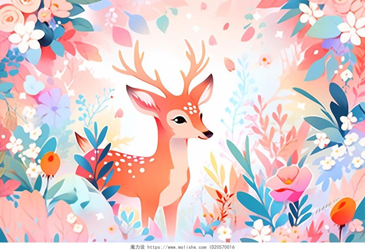 森林花丛中的鹿唯美AI插画背景